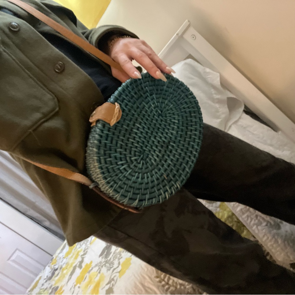 Vintage Rattan Dark Teal Woven Crossbody Bag - Picture 1 of 11